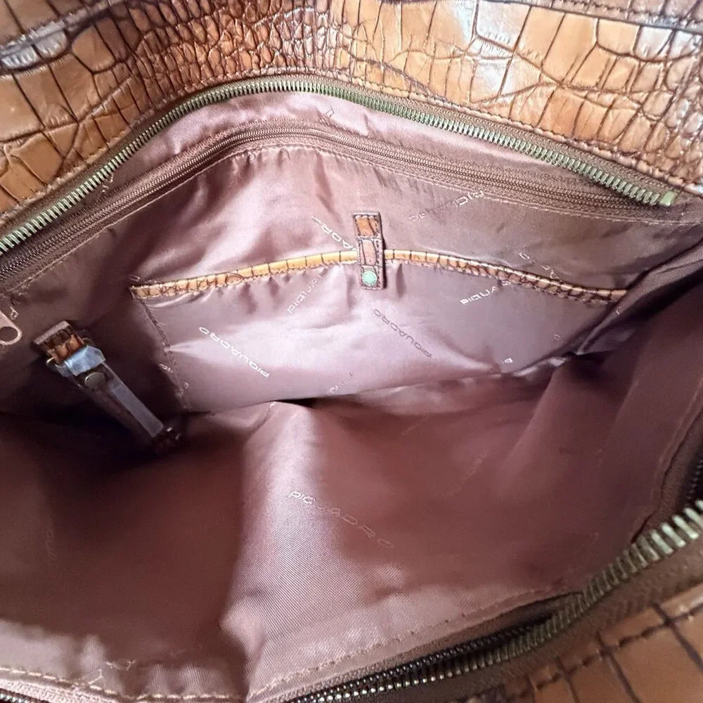 Piquadro Croc-Embossed Italian Leather Laptop Tote Briefcase Expandable Fits 14”